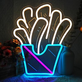 French Fries Neon Sign for Wall Decor, Home Restaurant Decoration, USB Powered, Dimmable, 13.7x11.4 inches, Warm White, Ice Blue, Pink