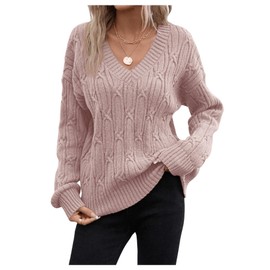 COZYEASE Women's Cable Knit Drop Shoulder Sweater V Neck Long Sleeve Elegant Knit Tops Pink Small