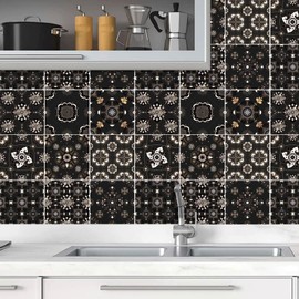 KAIRNE 18pcs Moroccan Tile Decals for Kitchen Decor,Black Tile Decal,15x15cm Stick on Kitchen Sticker,Mosaic Stair Sticker Waterproof,Peel and Stick Backsplash Moroccan Decoration Bathroom Living Room