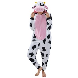 NEWCOSPLAY Unisex Adult Pink Cow Onesie Pajamas Animal One Piece Costume Cosplay Sleepwear (Pink Cow, Large)