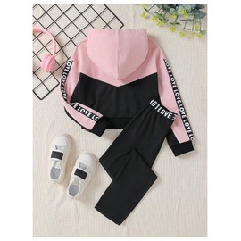 SweatyRocks Girl's 2 Piece Outfits Color Block Letter Hooded Sweatshirt and Leggings Set Multicolor 8Y