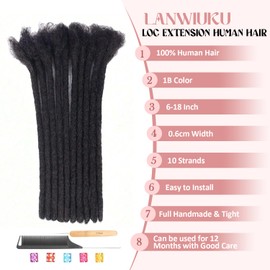 LANWIUKU Loc Extensions Human Hair 16 Inch 10 Strands 0.6cm Width Dreadlock Extensions Human Hair for Women Men Kids Full Handmade Permanent Locs Can Be Dyed and Bleached