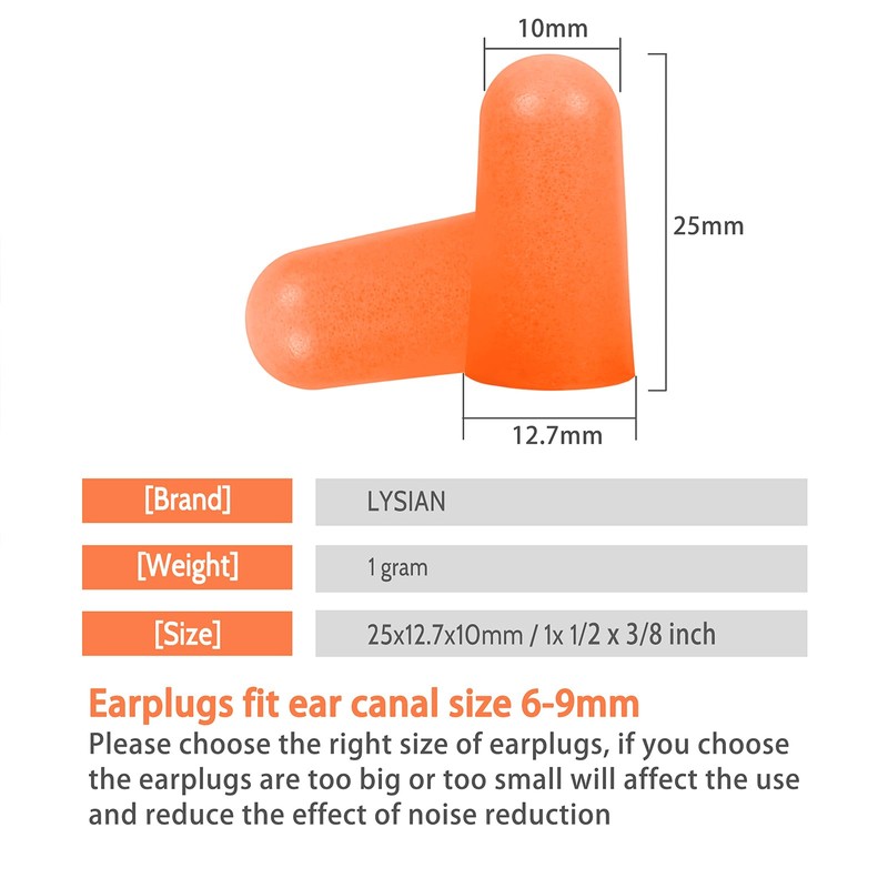 LYSIAN Soft Foam Earplugs dB SNR, Pairs, Disposable Noise Cancelling