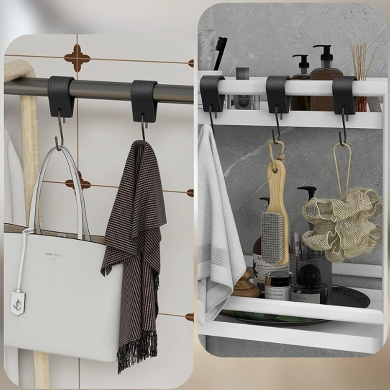 Alriedy Pack of 4 S Hooks Black with Leather Loop,