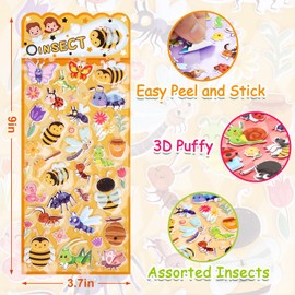 Jactales Insect Bug Puffy Stickers for Kids – 3D Small Foam Worm, Ladybug & Bee Stickers with Spring Flower Nature Theme – Fun for Toddlers, Girls, Boys & Preschool Arts & Crafts, Set of 4 Sheets