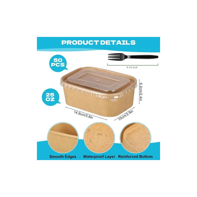 30 Bowls Kraft Contenedores Biodegradables 25 Oz Con Tapa