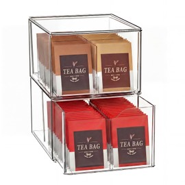 2 Pack Clear Tea Bag Organizers with Adjustable Dividers, Stackable Tea Drawer Organizer Box for Pantry, Coffee Bar, Kitchen Cabinet, Acrylic Food Storage Bins for Snacks, Sugar & Spice Packets