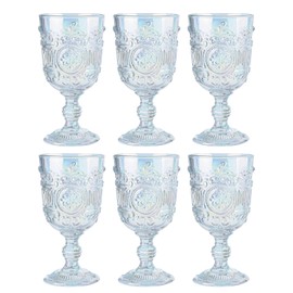 Sungmor Vintage Pressed Glass Goblet Glassware Set of 6, Classic Wine Goblets Beverage Stemmed Glass Cups, 10 oz Drinking Glasses with Embossed Design, Clear Water Goblet for Party, Wedding, Daily Use