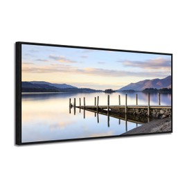 Dock Framed Canvas Wall Art - Lakeside Sunset Picture Pier Painting Nature Landscape Prints Scenery Artwork for Living Room Home Office