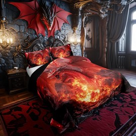 Castle Fairy Dragon Twin Size Comforter Set for All Seasons,Glowing Flame Dragon Bedding Set Teens Bedroom Decor,Wild Animals Cool Magical Style Comforter Inner Fill with 1 Pillowcase