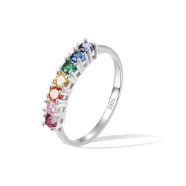 E Jewelry Rainbow Anniversary Eternity Ring for Women, Wedding Rings, 925 Sterling Silver, Rhodium Plated or 14K Gold Plated, AAA Cubic Zirconia, Sterling Silver, Cubic Zirconia