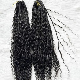 Crochet Boho Box Braids with Human Hair Curls Crochet Braids for Women Pre Looped Human Hair Boho Knotless Braids Human Hair Crochet Curly Bohemian Crochet Braids Human Hair 24 Inch 2 Pack 80 Strands