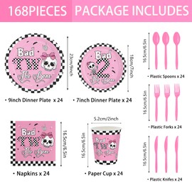 JVORFDG 168pcs Bad Two The Bone Plates Napkins Skeleton 2nd Birthday Party Supplies Disposable Paper Cups Pink Forks Bad Two The Bone Party Decorations Tableware Set for Girls Birthday Serve 24