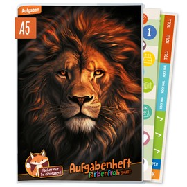 Häfft® Lernfreunde Colourful Smart "Löwe" Homework Book Primary School A5 without Date with Envelope + Stickers - The Highlight: Always Visible Timetable - Sustainable and Climate Friendly