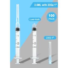100 Pack 2.5ml 23G 1-Inch Luer Lock Science Lab Syringe, Individually Sealed for Labs, Liquid Measuring, and Dispensing