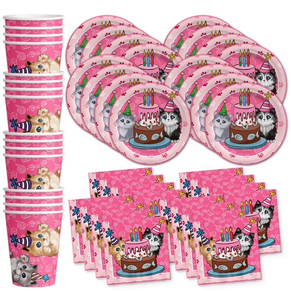 Kitty Cat Pink Kitten Birthday Party Supplies Set Plates Napkins Cups Tableware Kit for 16