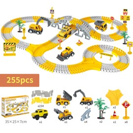 Construction Race Tracks Toys for Kids - 255-Piece Construction Car and Flexible Track Set Engineering Track Playset Gift for 3 4 5 6 Year Old Boys Girls