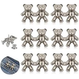 Taicols 6 Pairs Cute Bear Button Pins for Jeans No Sew & No Tools Detachable Pant Waist Tightener Adjustable Waist Buckle Extender for Jeans Waist Extender for Loose Skirt Jeans (Silver)