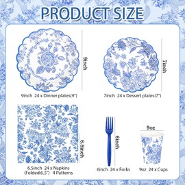 168 PCS Blue and White Paper Plates Napkins Sets, Blue & White Floral Party Supplies, Blu Floral Disposable Plates Napkins Cups Tableware Set for Wedding Bridal Tea Party Supplies, Serve 24 Guests
