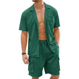 Fastkoala Men's Tracksuit Outfit Set Two Piece Button Suits Summer Shirts & Short 2-Piece Set, Green