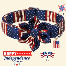 DOGWONG Ameirican Flag Dog Collar with Flower - Independence Flower Dog Collars, Adjustable Patriotic Pet Collars 4th of July Dog Collar for Small Medium Large Dogs