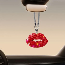 Bling Lip Diamond Car Hanging Accessories for Women, Crystal Rhinestone Car Rear View Mirror Charm, Lucky Car Decor Pendant Auto Interior Ornament Accessories, Valentine's Day Present (Red)