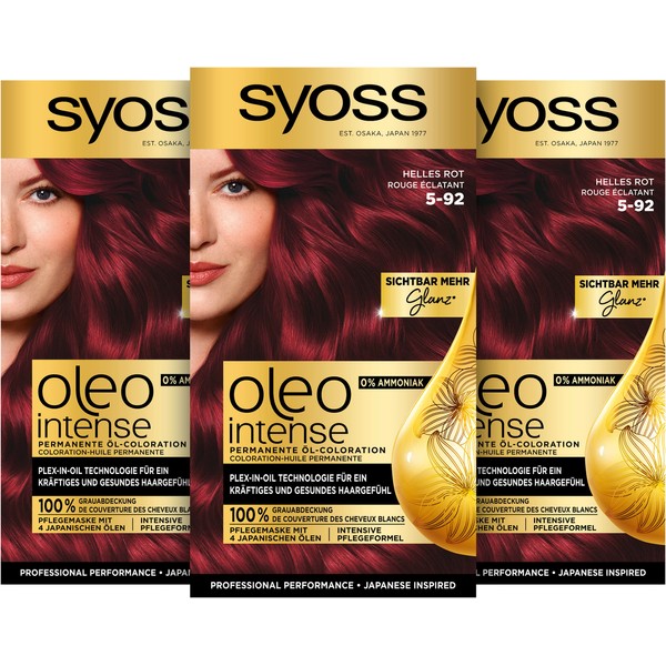 SYOSS Oleo Intense Permanente Öl-Coloration 5-92 helles Rot mit pflegendem Öl ohne Ammoniak, 3er Pack (3 x 115 ml)