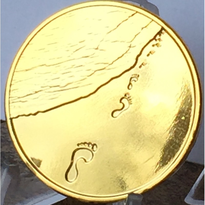 Foot Prints in The Sand Gold Tone Medallion Spiritual Chip