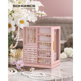 SONGMICS Jewelry Box 360° Rotating, Jewelry Storage Case with 5 Drawers, Jewelry Organizer, Glass Window, Spacious, Vertical Jewelry Storage, Open Design, Great Gift, Jelly Pink UJBC170R01