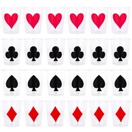 Casino Themed 1 Oz Plastic Shot Glasses - Set of 24 1 Oz Shot Cups - Durable Plastic Shot Glasses with Diamonds, Spades, Clubs, and Hearts Design - Casino Party Favors - Vegas Party Decorations