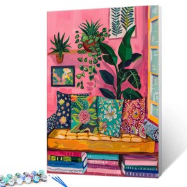 Aihonmin Pink Reading Book Room Paint by Numbers Kits for Adult Paint by Numbers Soft Hues Boho Style Painting Kits Painting Art Gift on Canvas Perfect for Gift Home Wall Without Framed 16''W x 20''H