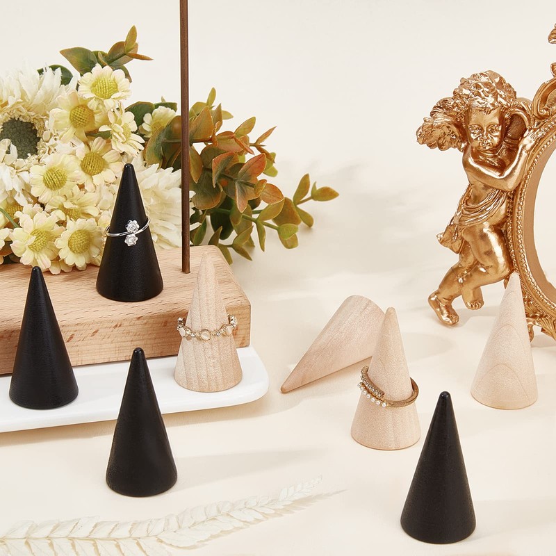 NBEADS 16 Pcs Wooden Ring Displays, 2 Colors Cone Shaped