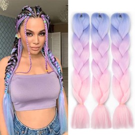 Jumbo Braiding Hair Fiber Mix Four Silky Colorful Twist Braiding Hair 3pcs Rainbow Colors Extensions Synthetic Hair Blue-Purple-Pink Synthetic Fiber Soft Healthy (24 Inch 3pcs)