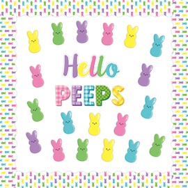 AwserTantue 108Pcs Easter Hello Peeps Cutouts Bulletin Board Set Easter Bunny Peeps Paper Cut-Outs Easter Day Bunnies Trim Border Bulletin Board for School Classroom Nursery Blackboard Door Wall Decor