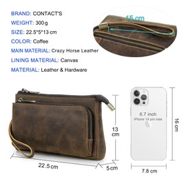 Leather Bracelets Clutch Men Purse Zip Large Capacity Business Card Organiser with Leather Strap Hand Strap for Men, Caffè1035, brown, Classic