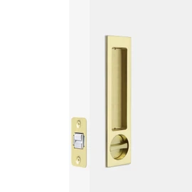 Dontay Pocket Door Handle with Lock, Narrow Modern Rectangular Keyed Entry Function, (Bed/Bath) Pull Latch, Recessed Sliding Door Hardware for 1 3/8” to 2 3/16” Thickness Door (1, Satin Brass)