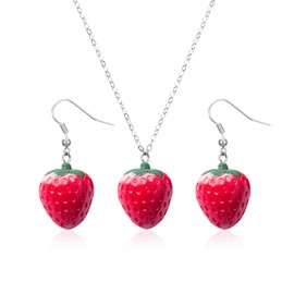 3D Simulated Fruit Strawberry Acrylic Necklace Earring Set. Cute Stereoscopic Red Strawberry Dangle Necklace Earring Set, Country Style Ear Clip Ear Hook Girl's Jewelry (Silver)