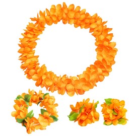 ccHuDE 4 Pcs Hawaiian Party Flower Leis Tropical Necklace Headband Bracelets Island Theme Party Necklace Beach Dance Leis for Holiday Decorations Orange