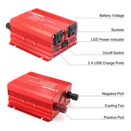 LVYUAN 500W Power Inverter DC 12V to 110V AC Car Inverter Converter with 3.1A Dual USB Car Adapter for All Smartphones Laptop Computer(Red, 500W)