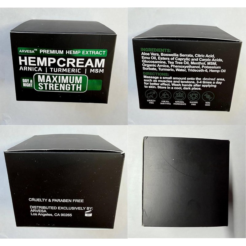 Hemp Cream Maximum Strength with Glucosamine, Arnica, Turmeric - Non-Greasy