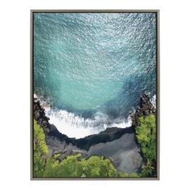 Kate and Laurel Sylvie Maui Black Sand Beach 1 Framed Canvas Wall Art by Rachel Dowd, 28x38 Gray, Coastal Beach Art for Wall
