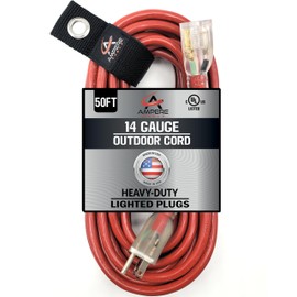 50 ft - 14 Gauge Extension Cord Outdoor - Made in USA - Lighted on Both Ends - Red Outdoor Extension_Cord Waterproof by Anthem Cable - Heavy Duty ExtensionCord 50 ft 15 Amp Extension