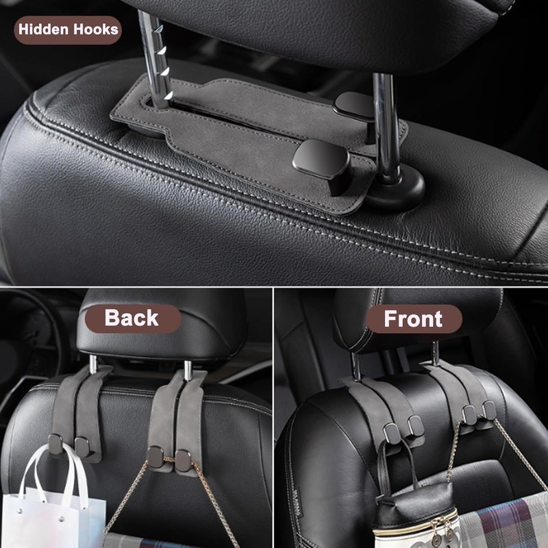Car Headrest Hooks for Storage, Purses and Bags - Leather