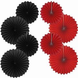 Fan Paper Decoration, Black Red 40.6 cm (16 inches) and 30.4 cm (12 inches) Hanging Paper Fan Decoration, Party Paper Fans Decorative Paper Kit Set of 8