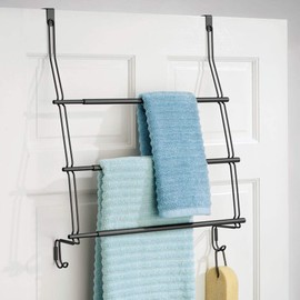 mDesign Expandable Metal Wire Over Door Towel Storage Shelf Organizer Rack Holder - 3 Tier, 2 Large Hooks - Organizes Bathroom Towels, Washcloths, Hand Towels, Loofahs, Sponges - Matte Black
