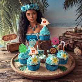 Moana Cupcake Toppers Birthday Party Decoration Boat Sail Swirl Hook Hawaiian Flower Leaves for Tropical Luau Summer Party Baby Pack of 30