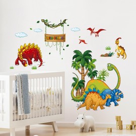 Tanlaby Dinosaur Wall Tattoo Cartoon Dinosaur Wall Sticker Wild Tree Dino Wall Sticker for Children Baby Room Living Room Bedroom Children's Room Home Wall Decoration