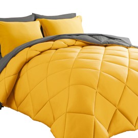 Cosybay Bed in a Bag Queen Reversible Comforter Sets 7pcs All Season Down Alternative Bedding Sets Yellow and Grey with Comforter, Pillow Shams, Flat Sheet, Fitted Sheet and Pillowcase