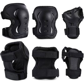 Monbessi Children's & Adults Knee Pad Set, 2 Knee Pads, 2 Elbow Pads, 2 Wrist Guards, Children's Inline Pads Set for Rollerblading, Skating, Skateboard, Cycling (Black, L)