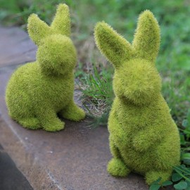 CHOVY Realistic Artificial Moss Flocked Rabbit Ornaments for Festive Home and Party Décor（Sitting）